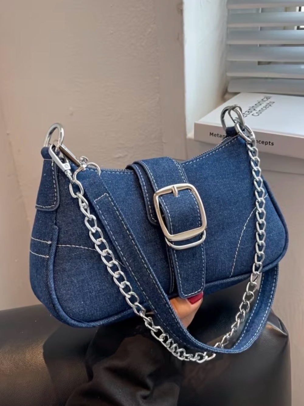 Denim Saddle Shoulder Bag with Silver Chain Strap